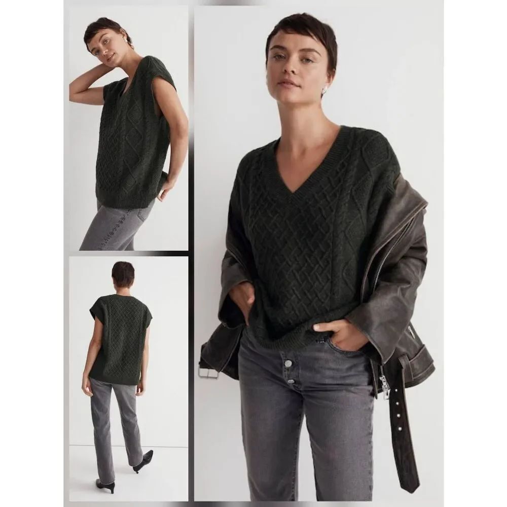 Madewell Wool Blend Cable Knit Dark Academia Fisherman Sweater Vest Sz. XS